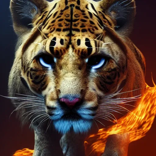 Prompt: mix of puma and jaguar and lion and tiger attacking, giant cat monster, 8 k ultra realistic animal, detailed intricate fur, flame in the fur, full of colour, cinematic lighting, battered, trending on artstation, 4 k, hyperrealistic, focused, extreme details, unreal engine 5, cinematic, masterpiece, art by ayami kojima