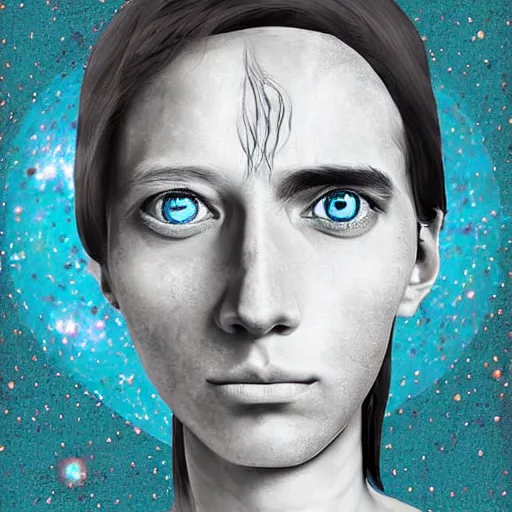 Image similar to illustration, digital art of a person whose eyes contains the entire universe, surreal art