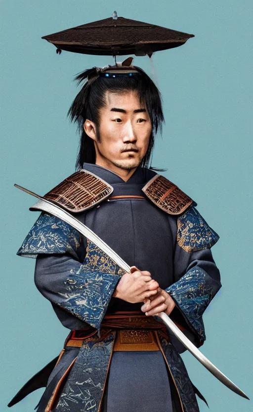 Prompt: highly detailed beautiful photography of a samurai, sharp focus, dynamic lighting, elegant, harmony, beauty, masterpiece, by roberto ferry, illustration, blue background