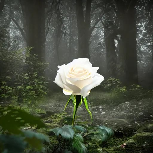 Prompt: a professional photographic view picture of a glowing white rose in a dark forest, photographic filter, unreal engine 5, realistic, hyperdetailed, 8 k, cinematic, volumetric lighting, very realistic effect, hd, hdr, 4 k, sharp focus, octane render, ultra detailed, high resolution, trending on artstation in the style of albert dros glowing rich colors powerful imagery