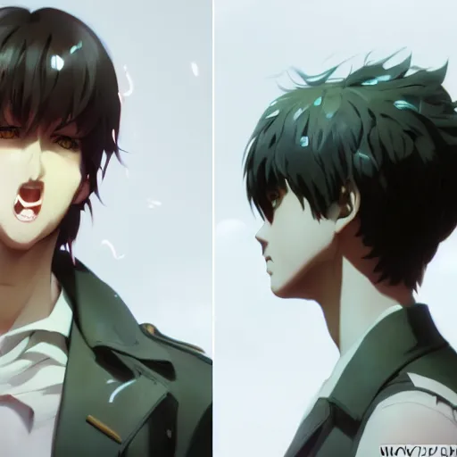 Image similar to insanely detailed. by wlop, ilya kuvshinov, krenz cushart, greg rutkowski, pixiv. zbrush sculpt, octane, maya, houdini, vfx. close - up gorgeous attractive cg anime male character with long hair, parted in the middle, with brilliant green glowing eyes. cinematic dramatic atmosphere, sharp focus, volumetric lighting.