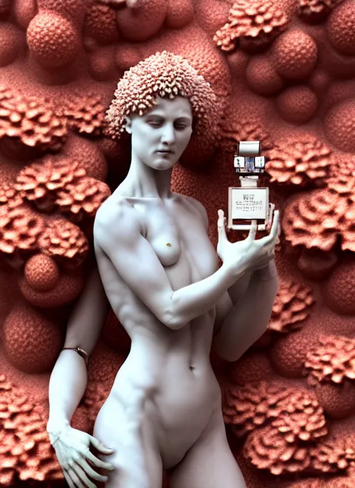 Prompt: portrait of an absurdly beautiful marble statue made of biomechanical corals, daisies, well contoured smooth fair walls, carrying a bottle of perfume, up close shot, sharp focus, global illumination, radiant light, alexandre ferra white mecha, irakli nadar, octane highly render, 4 k, ultra hd,