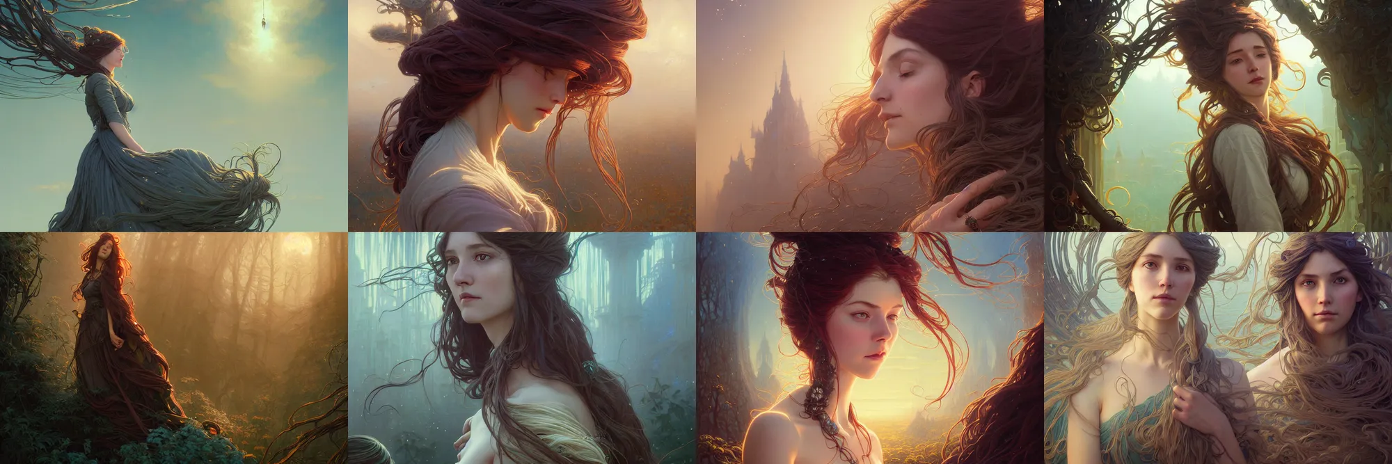 Image similar to highly detailed portrait of a woman with long hairs, stephen bliss, unreal engine, fantasy art by greg rutkowski, art nouveau, loish, rhads, ferdinand knab, makoto shinkai and lois van baarle, ilya kuvshinov, rossdraws, tom bagshaw, alphonse mucha, global illumination, radiant light, detailed and intricate environment