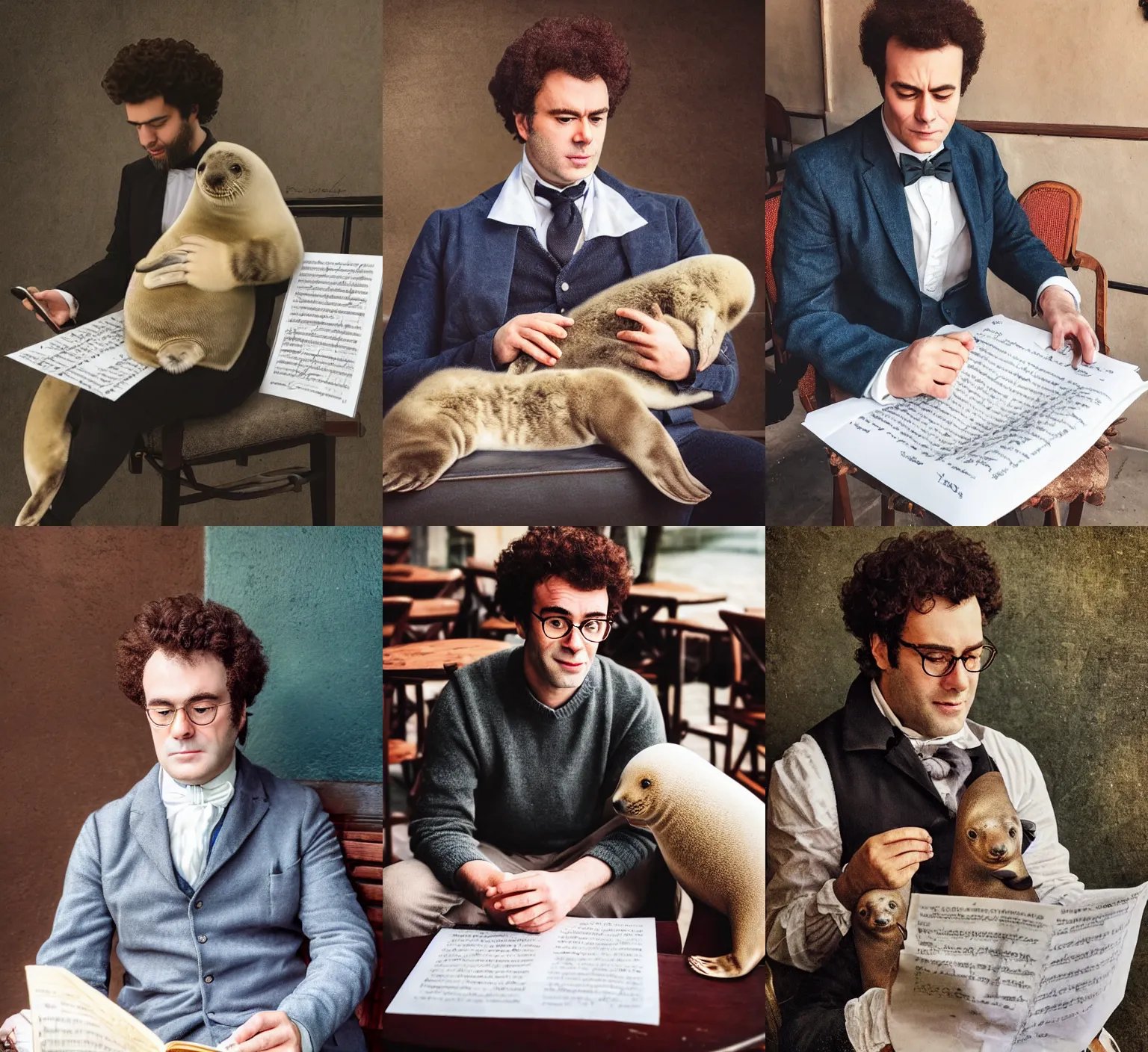 Prompt: professional fine detailed photo portrait of an actor playing franz schubert sitting at the cafe with a seal pup and reading musical sheet, franz schubert look alike with a seal pup, seal pup, rich colors, professional iphone photo, iphone 4 k photo, instagram, realistic photo, detailed photo, very beautiful photo