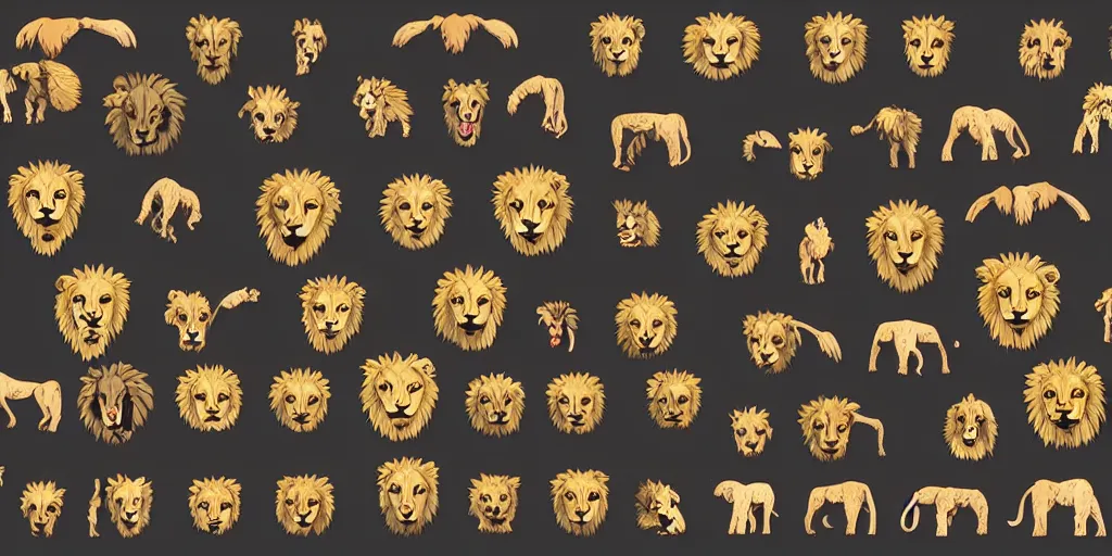 Prompt: game asset of unique lion heads on black background, organic, toei animation color palette, toei animation black inking, toon shading, 5 colors, solid colors, flat 2 d design, 2 d sprites, 8 k, close up