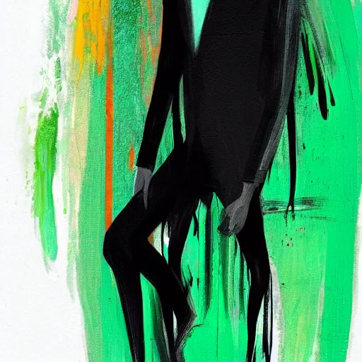 Image similar to closeup, very few thick long paint brush strokes, abstract depiction of the physique of one!!! very thin black suit man with green long straight hair posing dramatically, closeup, matte colors, conrad roset, dark abstract background, abstract painting trending on artstation