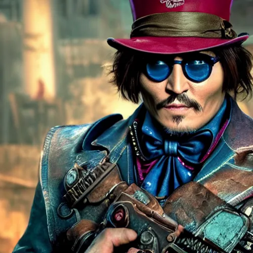 Prompt: johnny depp as willy wonka in gears of war, splash art, movie still, cinematic lighting, dramatic, octane render, long lens, shallow depth of field, bokeh, anamorphic lens flare, 8k, hyper detailed, 35mm film grain