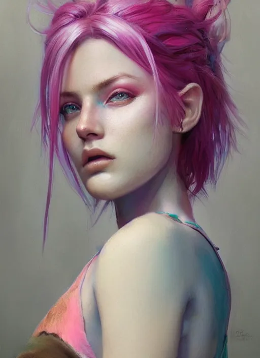 Image similar to girl with unkempt blue and pink hair, beautiful highly detailed face, complementary lighting, backlit, eyeshadow, divine, beautiful painting by artgerm and greg rutkowski and raymond swanland