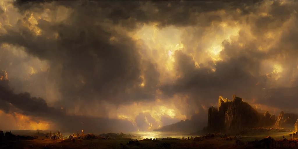 Prompt: a beautiful painting of epic skycape with thunder clouds and storm over a moody landscape by albert bierstadt and joseph zbukvic, moody color scheme, high detail, trending on artstation, orange - 1, yellow - 1