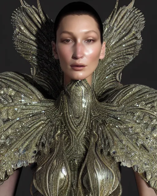 Image similar to a highly detailed metahuman 4 k close up render of an alien goddess bella hadid as alien in iris van herpen dress schiaparelli in diamonds crystals swarovski and jewelry iridescent in style of alphonse mucha gustav klimt trending on artstation made in unreal engine 4