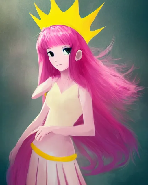 Image similar to concept art of a princess, she has pink hair and a yellow crown, anime art, digital painting, hd, smooth, full body shot, tran ross