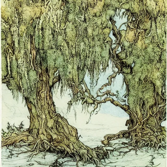 Image similar to a detailed, intricate watercolor and ink illustration with fine lines, of a mossy willow tree by a river, by arthur rackham and edmund dulac and ted nutall
