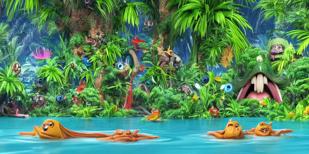 Image similar to of a tropical rainforest lake with strange cute friendly happy creatures with huge eyes, mouth, long tongue, round teeth and goofy face, appearing from the water, in the style of gehry and gaudi, macro lens, shallow depth of field, ultra detailed, digital painting, trending artstation, concept art, illustration, cinematic lighting, photorealism, epic, octane render