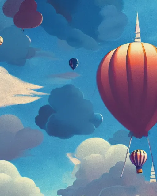 Image similar to flying cloud castle, buildings, baloons, machines, bright, blue sky, mountains, colorful, cinematic lighting, fantasy, high detail, illustration, masterpiece, artstation, 4 k, art by wylie beckert and jana schirmer