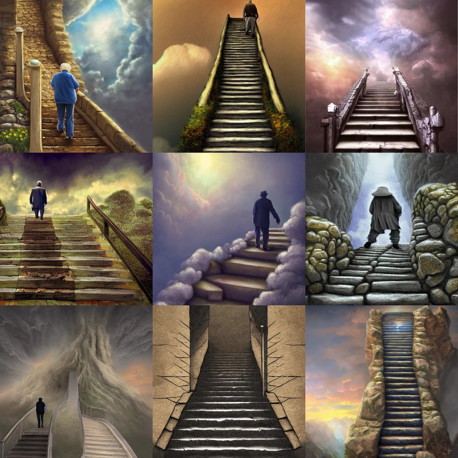 Prompt: old man walking up a staircase to cloudy heaven, advanced digital paint, surrealism, ultra detailed, 8k