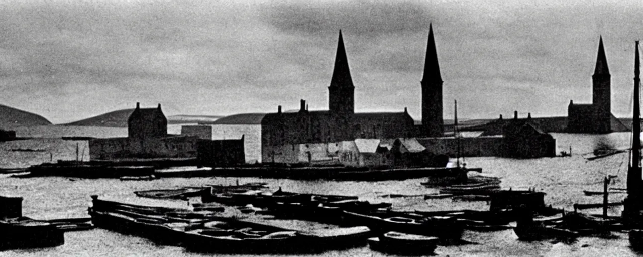 Prompt: the harbour at Stromness orkney, from Nosferatu (1922), cinematic,