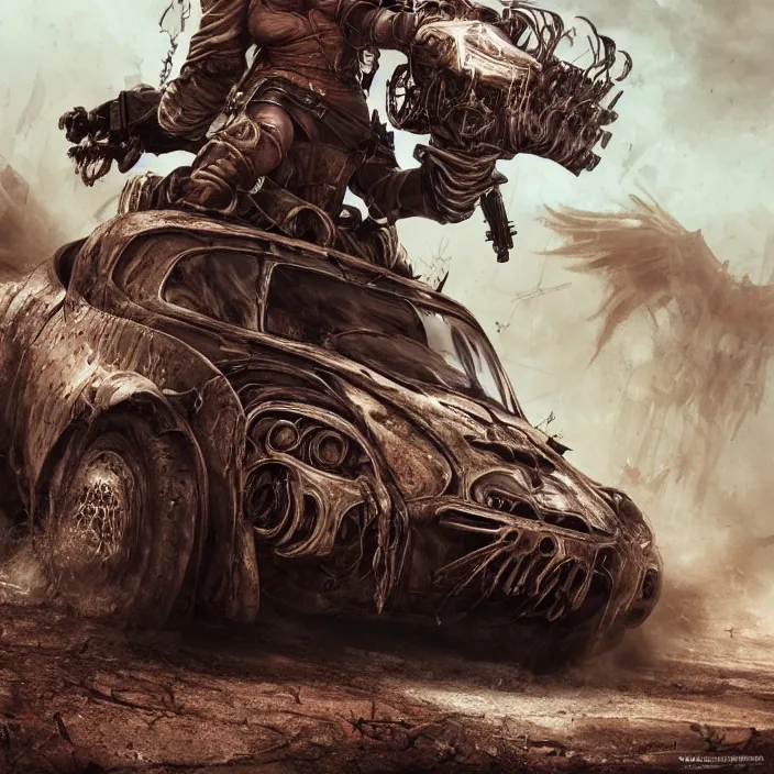 Prompt: beautiful apocalyptic woman in hooded cloak, standing on mad max muscle car, hyper-detailed, smooth, sharp focus, 4k ultra hd, fantasy dark art, tank girl, artgerm, artstation, octane render, elegant, detailed digital painting, apocalyptic art, gears of war, unreal engine, cryengine