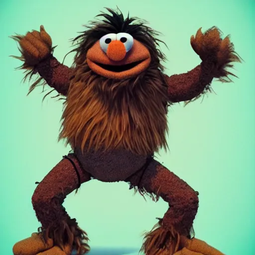 Image similar to a still of a forgotten muppet character looking very manly and modern, hilarious, laughing, hairy chest, huge chin, manly monster tough guy, roughled fur, photo real, photographic, photograph, artstation, trending, featured