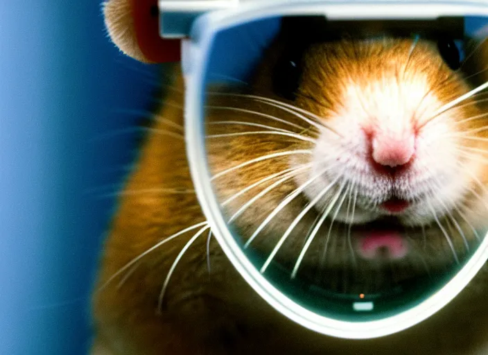 Image similar to film still of a hamster wearing goggles working in a research lab using a tiny microscope, 8 k