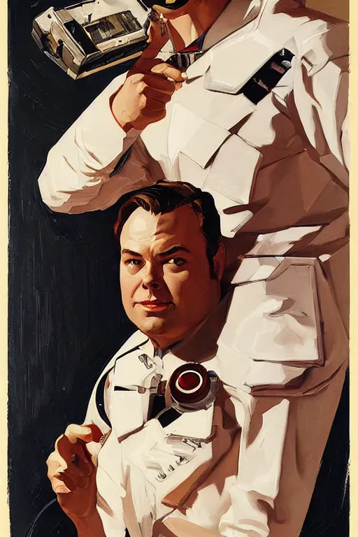 Image similar to rich evans space cop painting by jc leyendecker!! phil hale!, angular, brush strokes, painterly, vintage, crisp