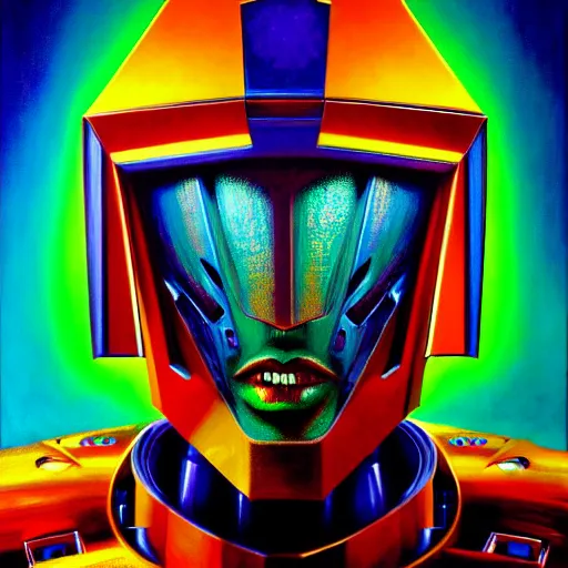 Prompt: bust portrait of psychedelic robot, beautiful colours, sharp textures, biotechnology, nikolay georgiev, alex ross, bruce pennington, donato giancola, larry elmore, masterpiece, oils on canvas, trending on artstation, featured on pixiv, cinematic composition, sharp, details, hyper - detailed, hd, hdr, 4 k, 8 k