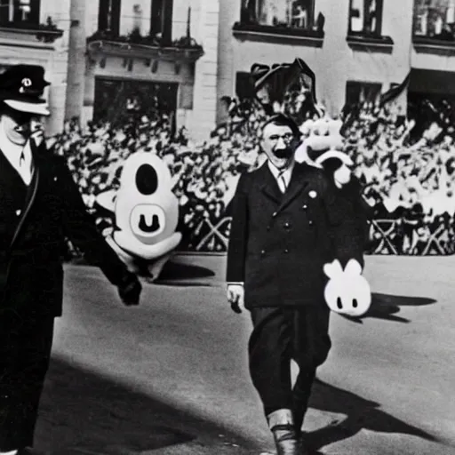 Image similar to historic black and white photograph of adolf hitler and colorful donald duck at a nazi parade in 1 9 3 6