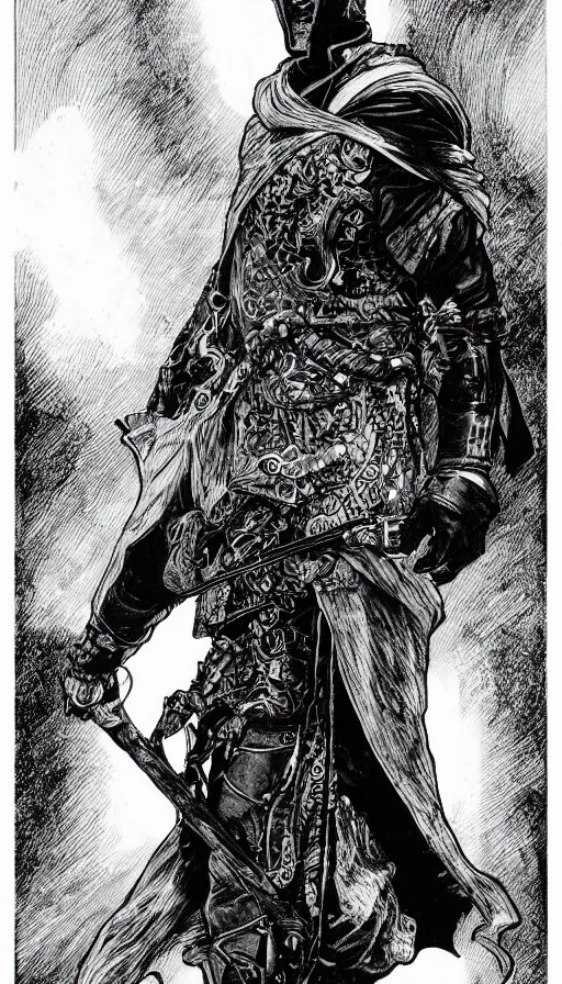 Image similar to a black and white ink fine ink drawing of a thief, from of thrones, in leather armor, fibonacci, sweat drops, intricate fashion clothing, concept art, smooth, sharp focus, portrait, illustration, art by alphonse mucha and travis charest