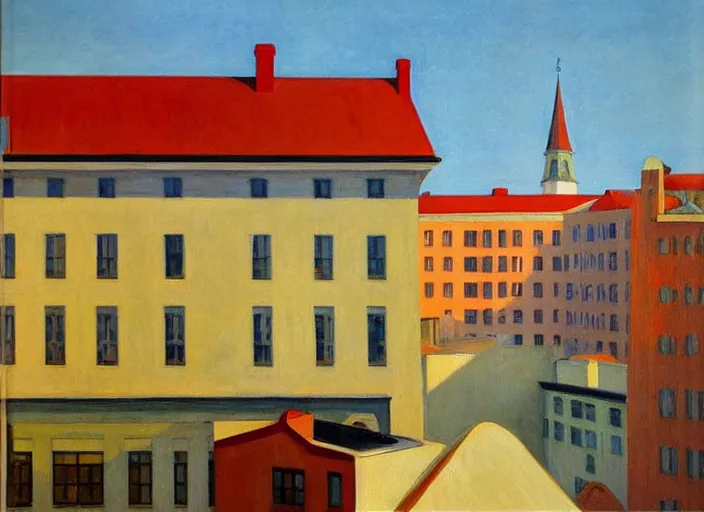 Image similar to a view of a finnish town from a hotel window in the afternoon, oil painting by edward hopper