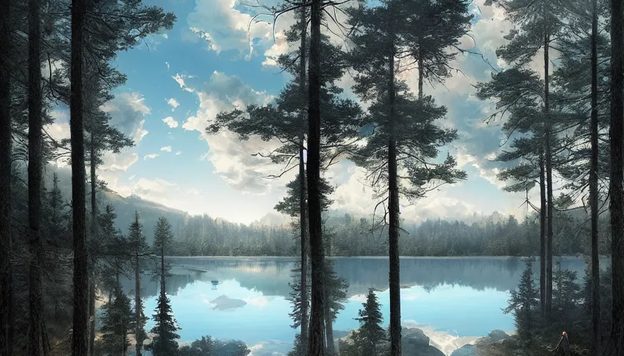 Image similar to portrait of a large lake surrounded by pine forest, highly detailed, sunny, blue sky, cinematic lighting, highly angle, godrays, volumetric, photorealistic, digital art painting by greg rutkowski