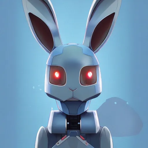 Image similar to a rabbit robot warrior, artstation, by hayao myazaki, concept art, digital art, light blue, 2 - dimensional, 2 d