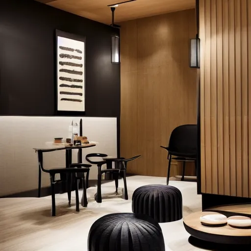 Prompt: lounge and dining room, stone, interior design, stylish luxury hotel living room design, yakisugi, black vertical slatted timber, textures, feminine, black walls, art, Japanese pottery vase with flowers, kakejiku, seasonal, Japanese influences