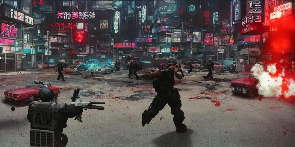 Prompt: 1988 Video Game Screenshot, Anime Neo-tokyo Cyborg bank robbers vs police, Set in Cyberpunk Bank Lobby, bags of money, Multiplayer set-piece :9, Police officers hit by bullets, Police Calling for back up, Bullet Holes and Blood Splatter, :6 ,Hostages, Smoke Grenades, Riot Shields, Large Caliber Sniper Fire, Chaos, Cyberpunk, Money, Anime Bullet VFX, Machine Gun Fire, Violent Gun Action, Shootout, Escape From Tarkov, Intruder, Payday 2, 8k :4 by Katsuhiro Otomo + Sanaril : 8