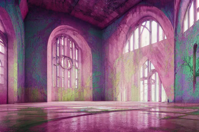 Prompt: abandoned 9 0 s monastery interior with large organic circular windows, rain like a dream, oil painting, cinematic, dramatic, volumetric lighting, cyberpunk, basquiat + francis bacon + gustav klimt + beeple, elevated street art, fantasy lut, textural, pink, blue, purple, green,