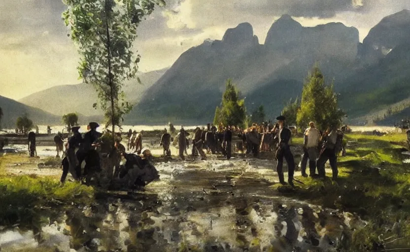 Image similar to oil painting lanscape by anders zorn, nature, fruit trees, very very very very beautiful art, dramatic light, water reflections, tall rocky mountains, police making arrests, detaining people, cop cars, sirens