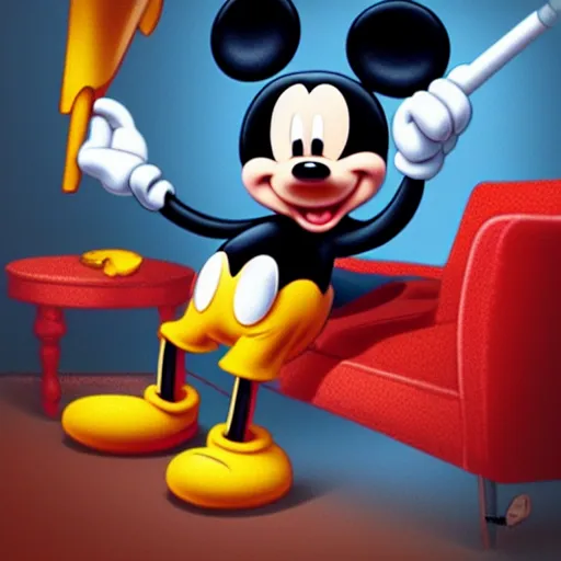 Image similar to mickey mouse holding a giant joint while sitting on a couch in a messed up apartment, stoned eyes, smoke, beautiful digital art, amazing detail, artstation, award winning, sharp