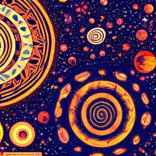 Prompt: Liminal space in outer space, Global Village Coffeehouse aesthetic, tribal ancient imagery, suns, spirals