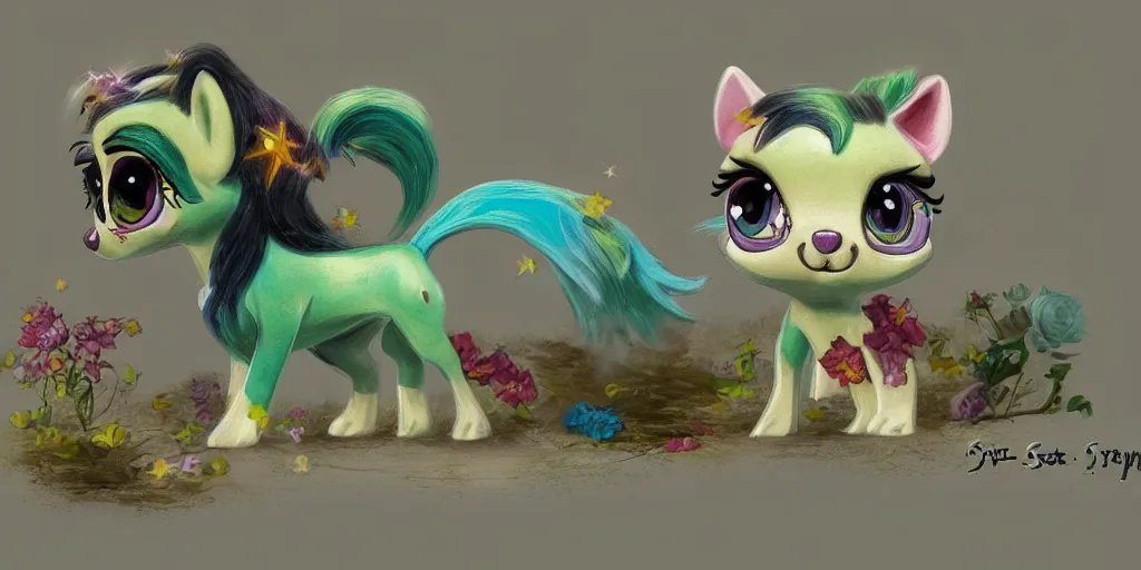 Image similar to 3 d littlest pet shop horse, spooky, graves, stars, crypt, flowers, storm, blues, greens, teals, master painter and art style of noel coypel, art of emile eisman - semenowsky, art of edouard bisson