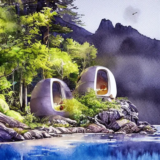 Prompt: beautiful happy picturesque charming sci - fi organic pod - like homes of the future in a beautiful natural scene. water, trees and rocks. beautiful light. soft colour scheme. beautiful artistic detailed watercolor by lurid. ( 2 0 2 2 )