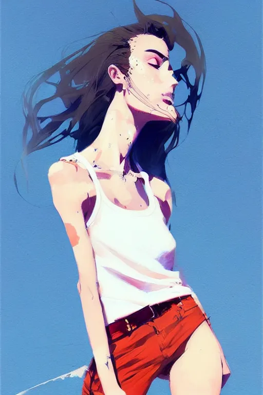 Image similar to a ultradetailed beautiful painting of a stylish woman with a white tank top, by conrad roset, greg rutkowski and makoto shinkai trending on artstation