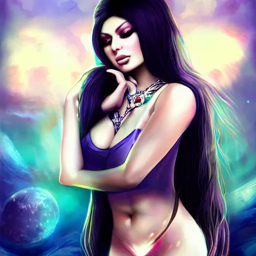 Image similar to portait haifa wehbe, centred, very long hair, hd, unreal engine, art digital painting, qin's moon style, amazing background theme