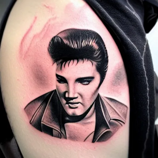 Prompt: a tattoo of elvis on the upper arm of elvis