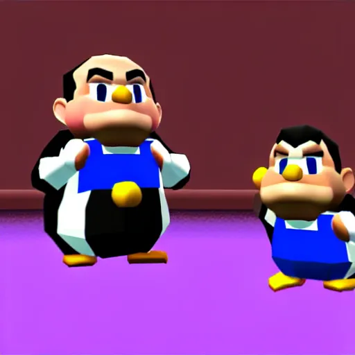 Image similar to danny devito punching penguins, nintendo 6 4 screenshot, low poly, aliased