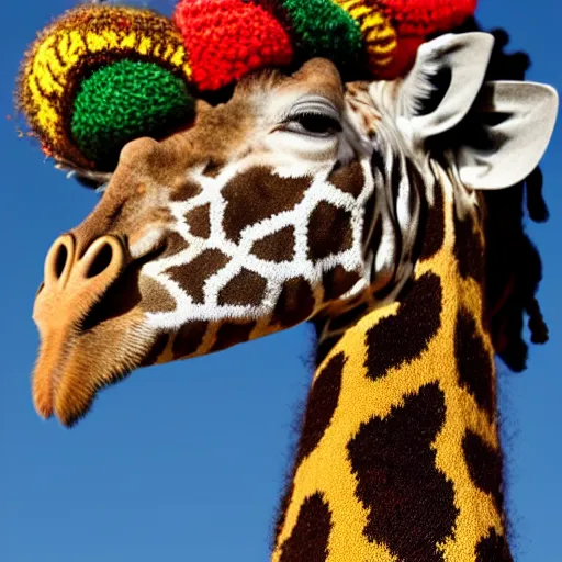 Image similar to A full shot of a giraffe with a knitted Rastafarian hat, dreadlocks, 8k