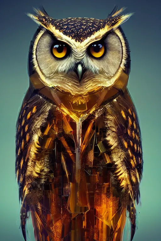 Prompt: portrait of an owl made out of amber. intricate artwork by tooth wu wlop beeple dan mumford concept art, octane render, trending on art station