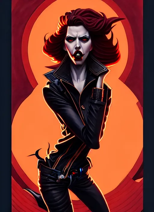 Image similar to rafael albuquerque comic art, art nouveau, peter mohrbacher, artgerm, pretty scarlett johansson vampire sharp vampire teeth open mouth, symmetrical eyes, black leather jacket, jeans, long blonde hair, full body