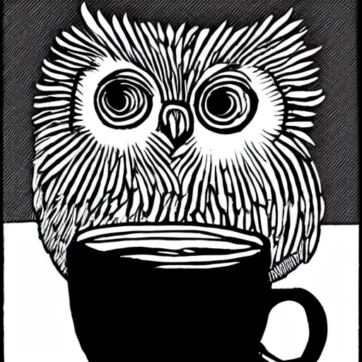 Image similar to black and white comic of a humanoid owl drinking a coffee mug