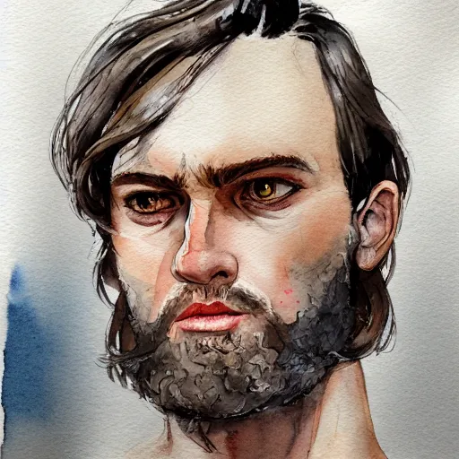 Image similar to Portrait of a handsome man with mutton chops, pale white face, long hair, un down, baggy eyes, tired face watercolor, brushstrokes, high detail, artstation