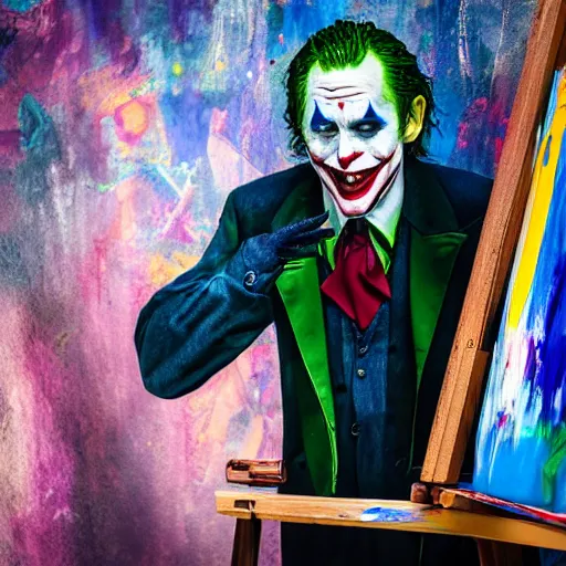 Prompt: photograph of the joker ( 2 0 1 9 ) as a professional artist, standing at an easel with paint, photograph, 3 5 mm, 8 k