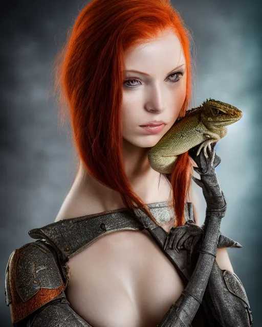 Image similar to 5 5 mm portrait photo of an armored redhead woman with a lizard sitting on her shoulder by luis royo. highly detailed 8 k. intricate. lifelike. soft light. nikon d 8 5 0. cinematic post - processing