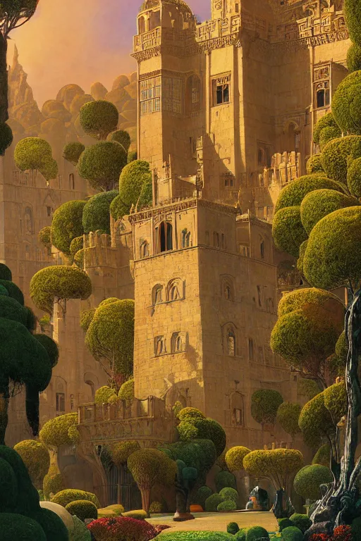 Image similar to ancient carved tower of the moon in its gardens fairytale illustration, elaborate latticed balconies, tall windows, moorish architecture, formal gardens, dramatic cinematic lighting, soft colors, golden age illustrator, unreal engine, by Ludwig Deutsch and William Dyce and Andreas Rocha and (Maxfield Parrish and Nicholas Roerich)